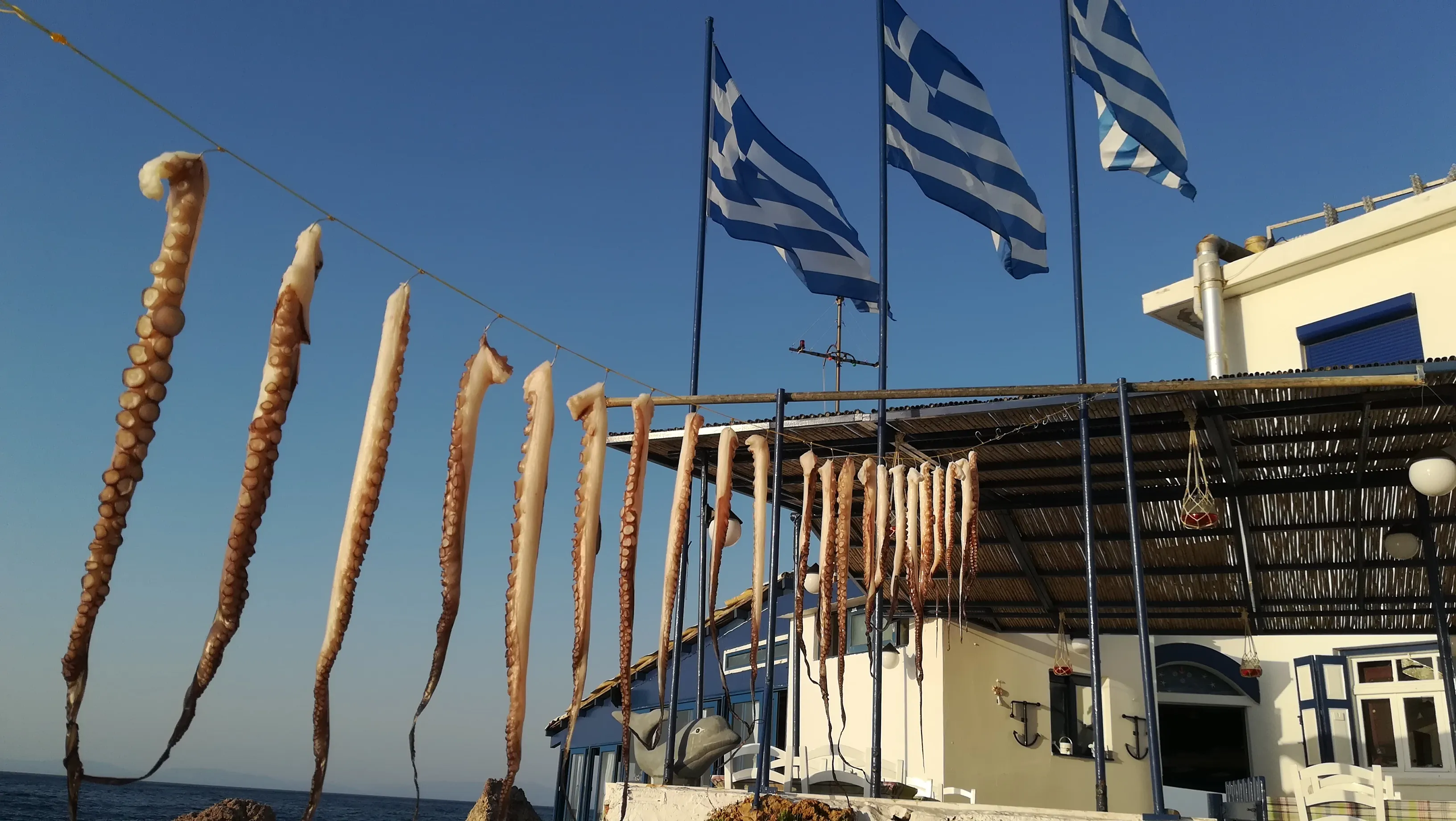 Λευκό κτίριο με μπλε πόρτα σε ελληνικό νησί, χαρακτηριστικό της αρχιτεκτονικής γύρω από την ψαροταβέρνα